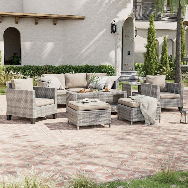 7-Piece Gray Wicker Outdoor Conversation Seating Sofa Set with Coffee Table, Linen Flax Beige Cushions
