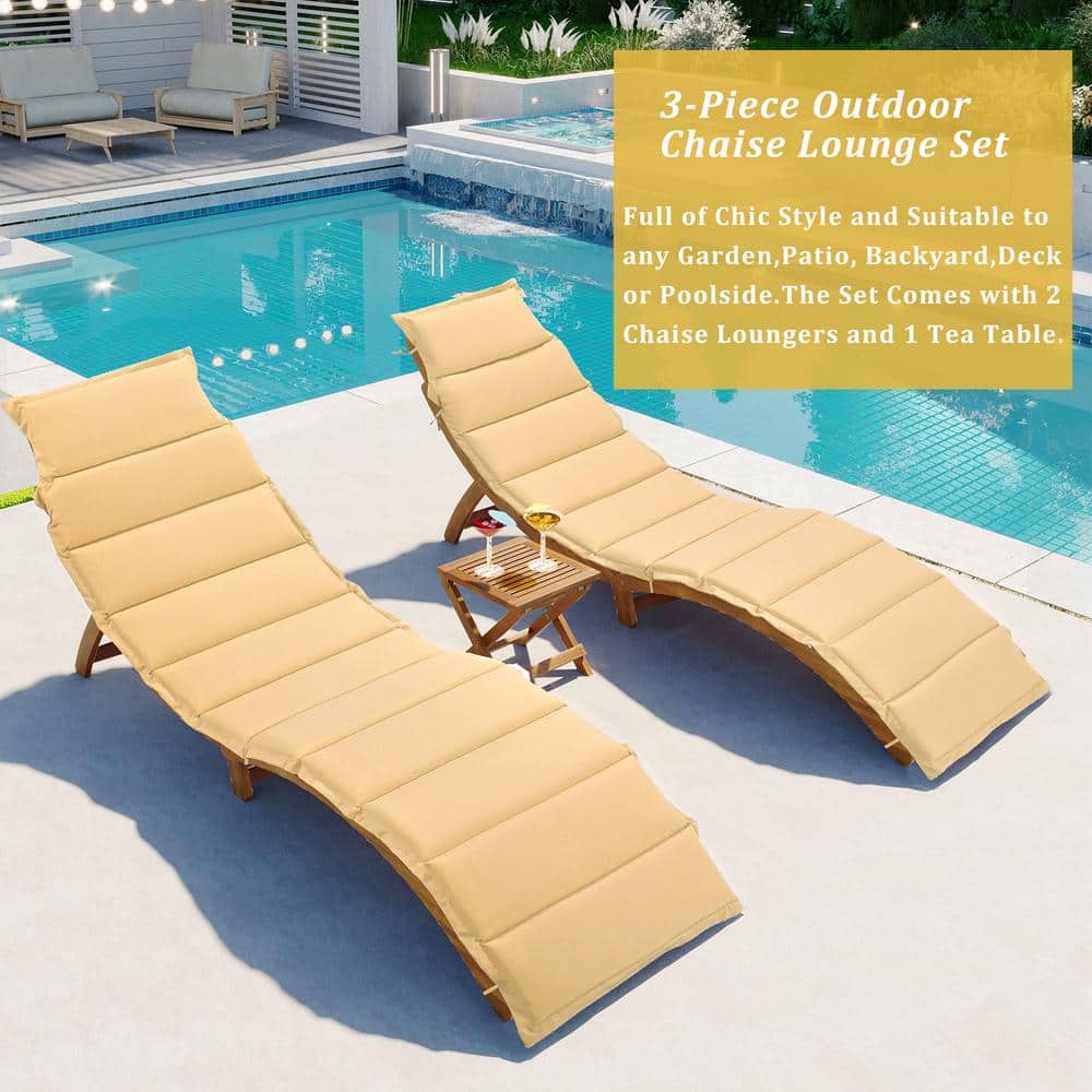 Brown Outdoor Patio Wood Portable Extended Chaise Lounge Set with Foldable 