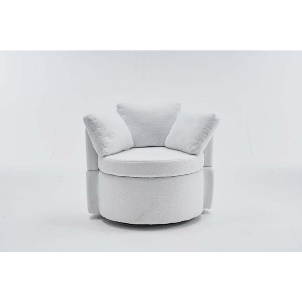 wetiny Ivory Teddy Fabric Swivel and Storage Barrel Chair with Back Cushion