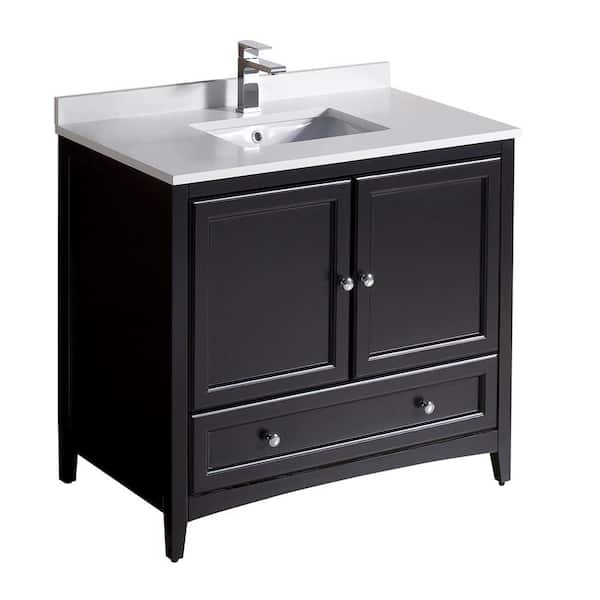 Fresca Oxford 36 in. Bath Vanity in Espresso with Quartz Stone Vanity Top in White with White Basin