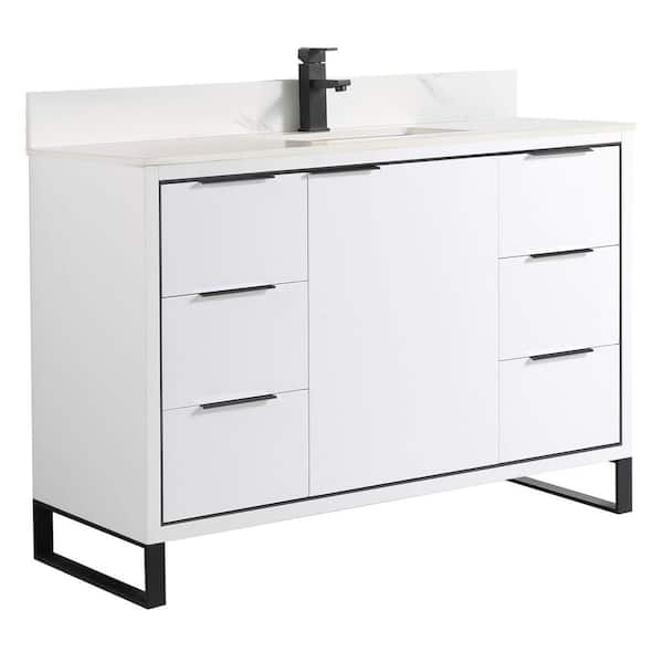 FINE FIXTURES Opulence 48 in. W x 18 in. D x 33.5 in. H Single Sink Bath Vanity in White Matte with White Carrara Top