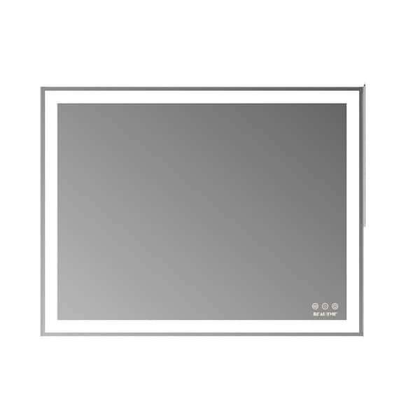 aisword 36 in. x 28 in. Silver Anti-Fog Memory LED Dimmable Touch Sensor Modern Rectangle Bathroom Framed Wall Mirror