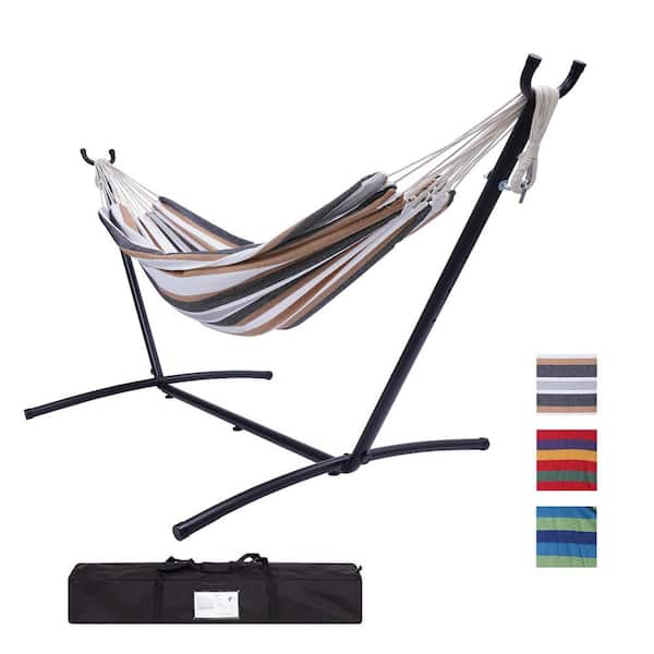 Afoxsos 9 ft. Portable Double Classic Hammock with Stand-Indoor or Outdoor Use-with Powder-Coated Steel Frame in Brown Striped