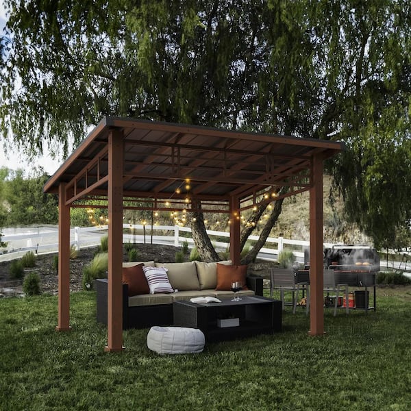 Chandler 10 ft. x 12 ft. Brown Cedar Wooden Gazebo Pavilion With Hard Top Iron Slope Roof Grill Gazebo Rot Resistant