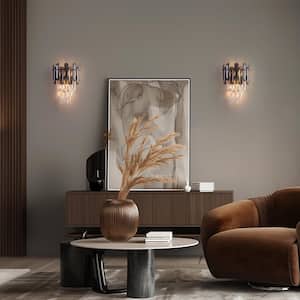 13 in. 3-Light Black Modern Wall Sconce with 3 Tier Crystal Shade