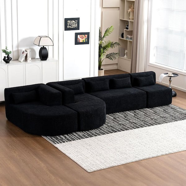 143.7 in. Boucle Fabric Square Arm Straight Sectional Sofa in Black with 2-Chaise Lounge and 5-Back Pillows