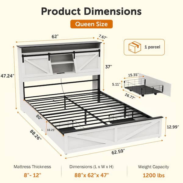 White Steel Frame Queen Platform Bed with Storage Shelves, Panel Bed with Charging Station, Drawers