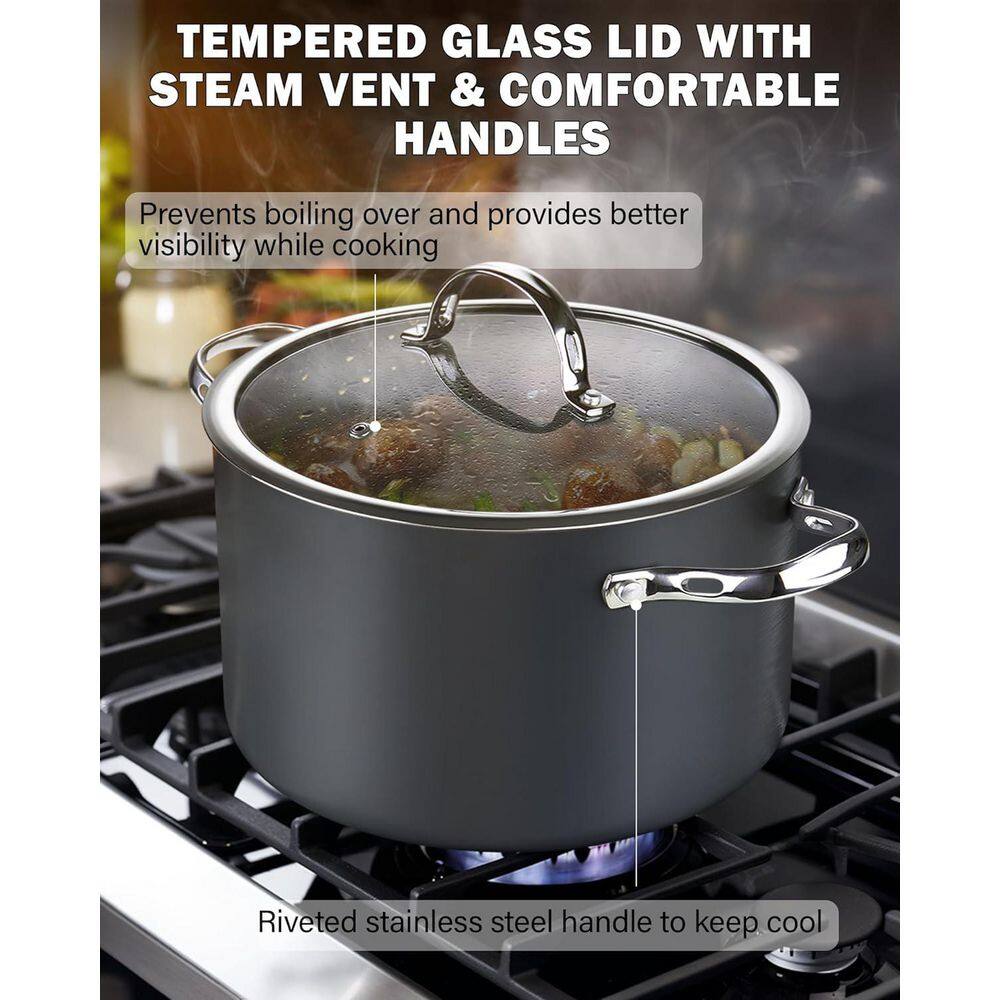 7-Quart Black Hard Anodized Nonstick Aluminum Stockpot with Glass Lid
