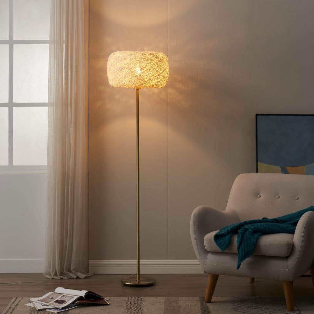 Elegant Gold LED Floor Lamp with Woven Shade