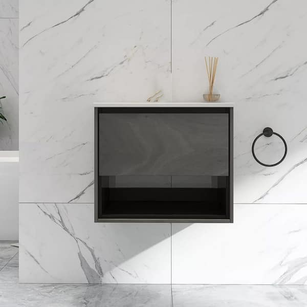 FUNKOL 24 in. W x 18 in. D x 20 in. H Bath Vanity in Brown (Grey Ebony) with White Ceramics Top