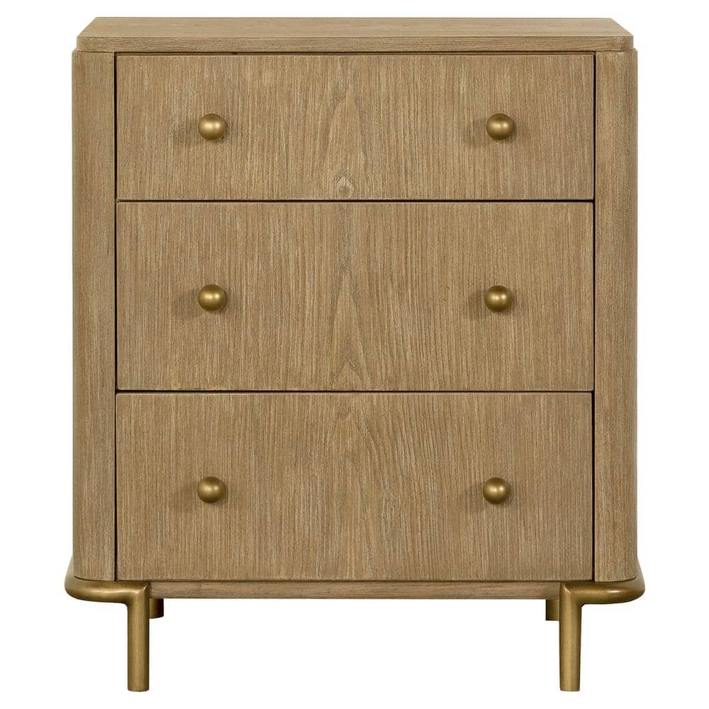 Arini Sand Wash 3-Drawer Nightstand with Brass Knobs