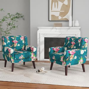 Mid-Century Modern Blue And Floral Pattern Linen Accent Arm Chair (Set of 2)