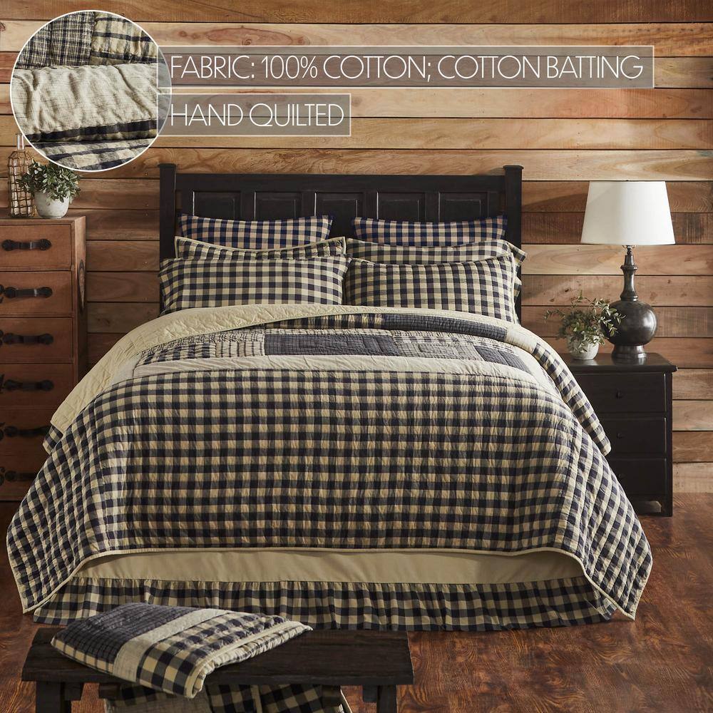 Navy and Beige Cotton Reversible Queen Quilt