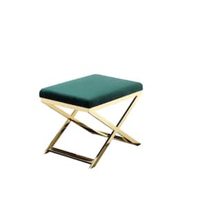 24 in. Plush Green Accent Stool Ottoman Bench with Gold X Base