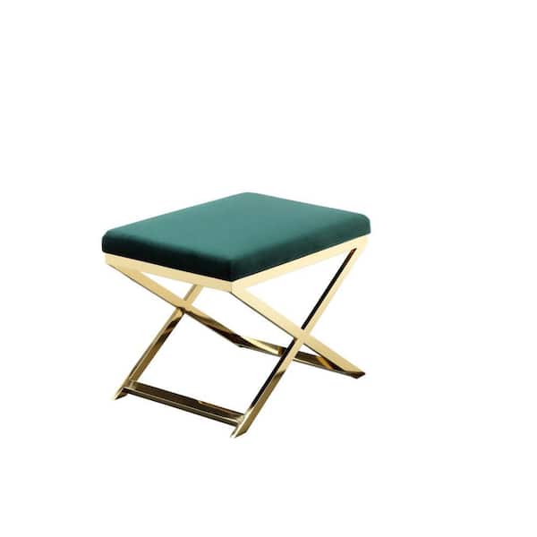 Benjara 24 in. Plush Green Accent Stool Ottoman Bench with Gold X Base