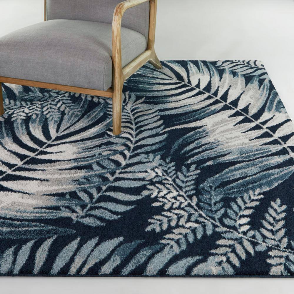 Navy and White Tropical High Pile Synthetic Area Rug