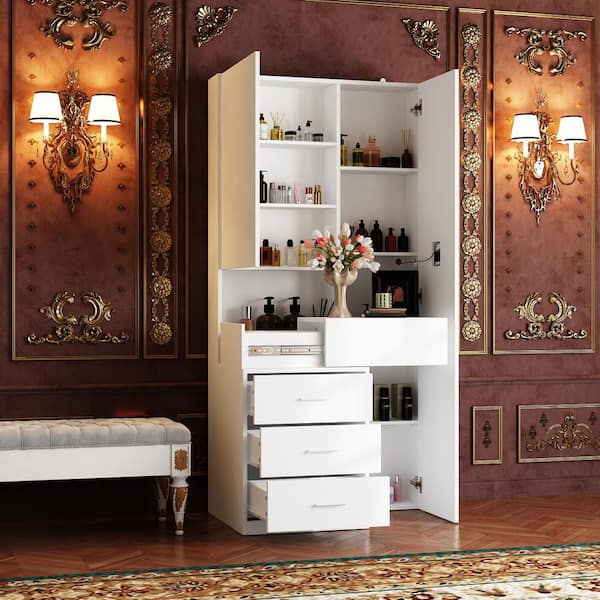White Makeup Vanity Desk Wood Dressing Table With Sliding Top, Full-Length Mirror, Hidden Shelves, Drawers, LED Lights