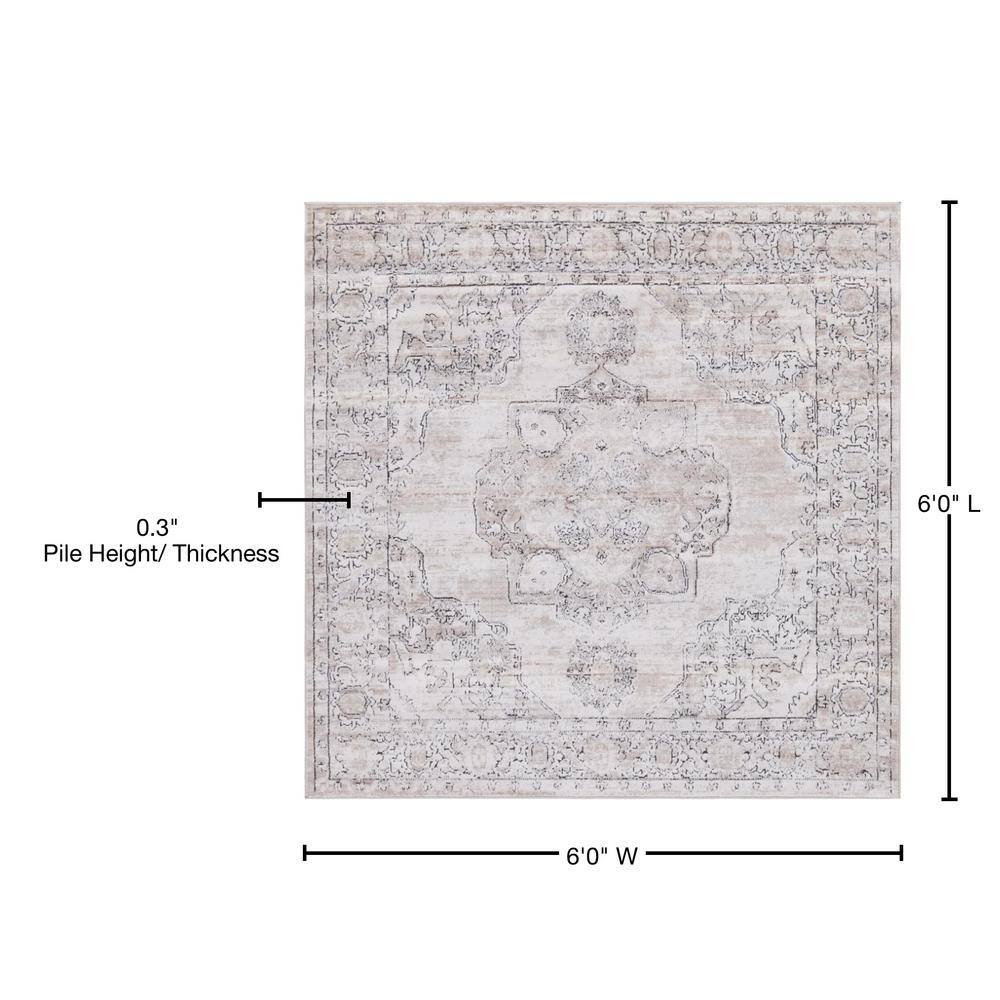 Portland Canby 6' Square Area Rug in Ivory, Gray, and Beige Medallion