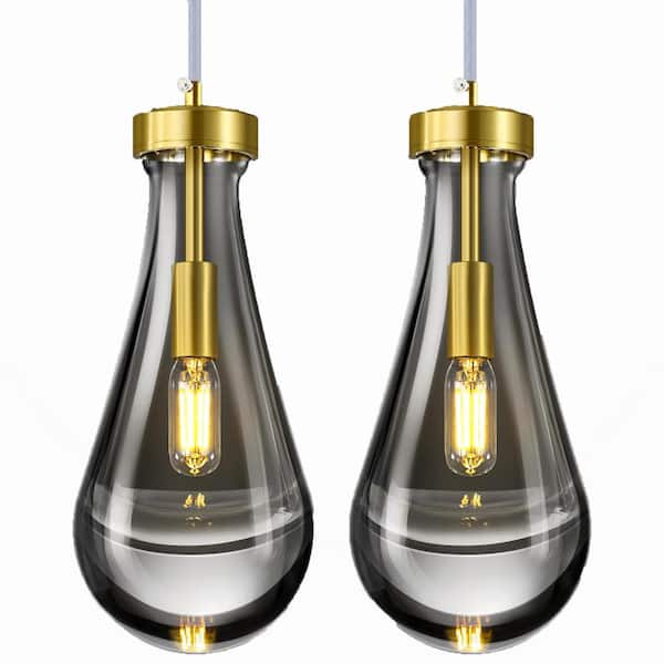 Ahfiwaso Teardrop Design 40-Watt 2 Gold Pendant Light Hanging Light Fixtures with Glass Shade for Dining and Kitchen