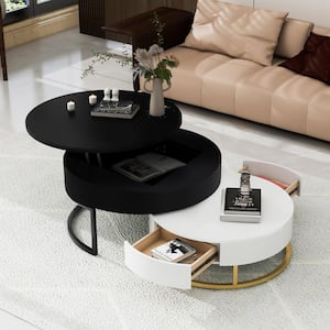 Multifunctional 31.5 in. Black and White Round MDF Lift-top Nesting Coffee Table, Accent Table Set with Drawers