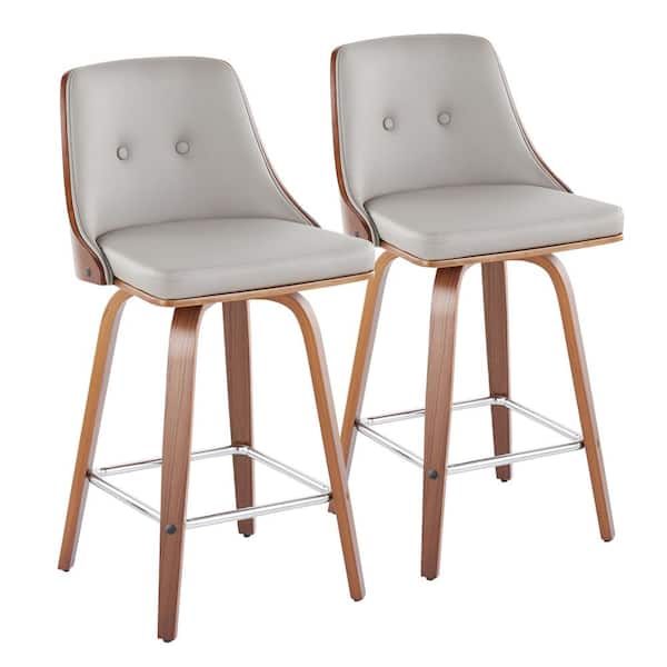 Lumisource Gianna 25.75 in. Light Grey Faux Leather, Walnut Wood, Chrome Metal Counter Height Bar Stool Square Footrest (Set of 2)