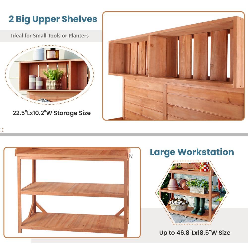 Natural Wooden Outdoor Garden Potting Bench with Storage Shelves