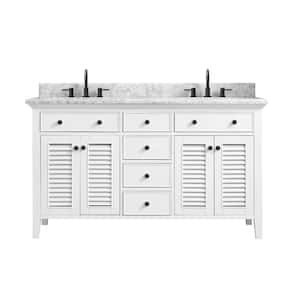 Fallworth 61 in. W x 22 in. D x 35 in. H Double Sink Freestanding Bath Vanity in White with Carrara Marble Top