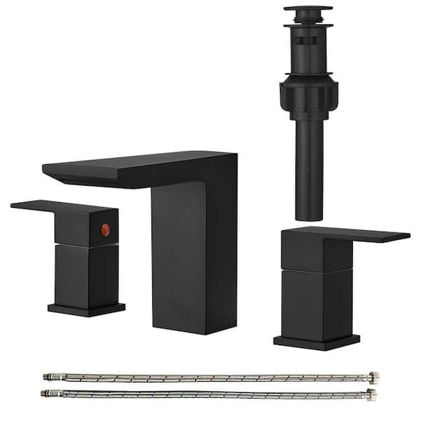 BESy 8 in. Widespread Faucet 2-Handle Waterfall Bathroom Faucet with Drain Assembly and Supply Hoses in Matte Black