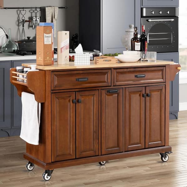 Unbranded Mahogany Rubber Wood Kitchen Cart with 4-Door Cabinet, 3-Drawers, Spice Rack and Towel Rack
