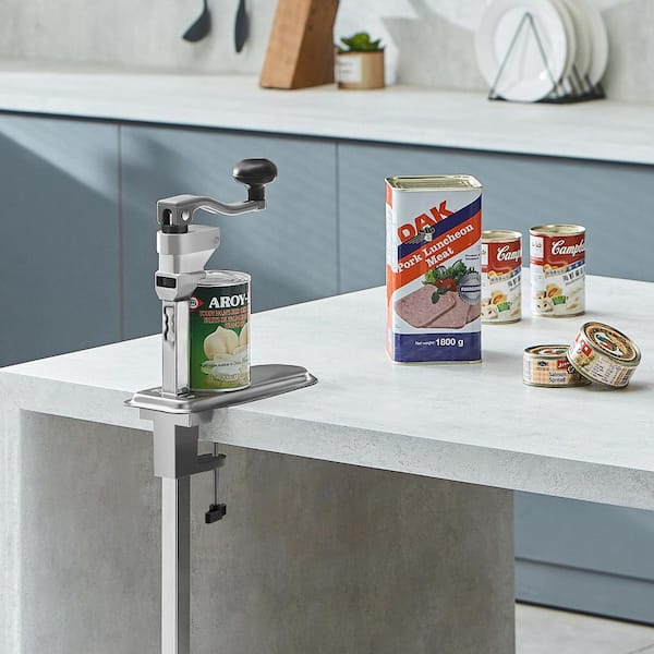 Commercial Can Opener, Heavy-Duty Manual Tabletop, Up to 15.75 in. Height, Adjustable, Fixed with Screws and Table Clamp