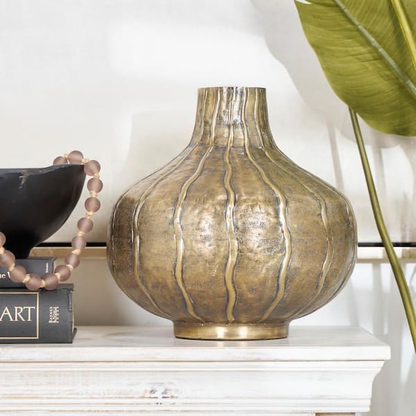 Litton Lane Brass Wide Snakeskin Inspired Metal Decorative Vase with Dimensional Wavy Accents