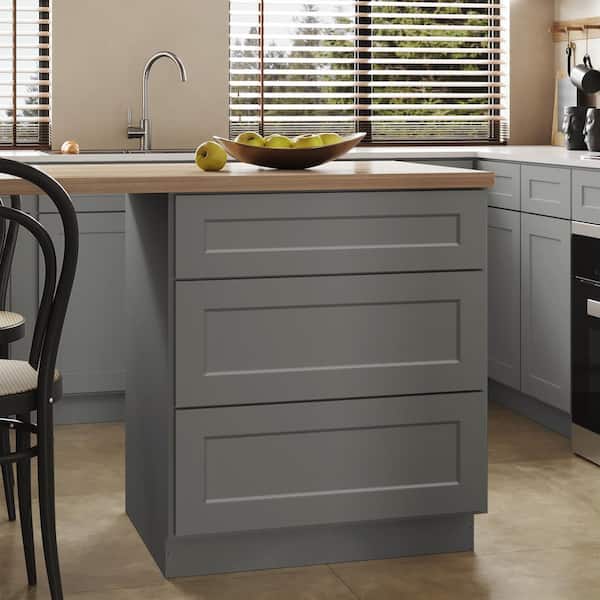 Hausvita 30 in. W x 24 in. D x 34.5 in. H Ready to Assemble Plywood Base Kitchen Cabinet with 3-Drawers in Shaker Grey