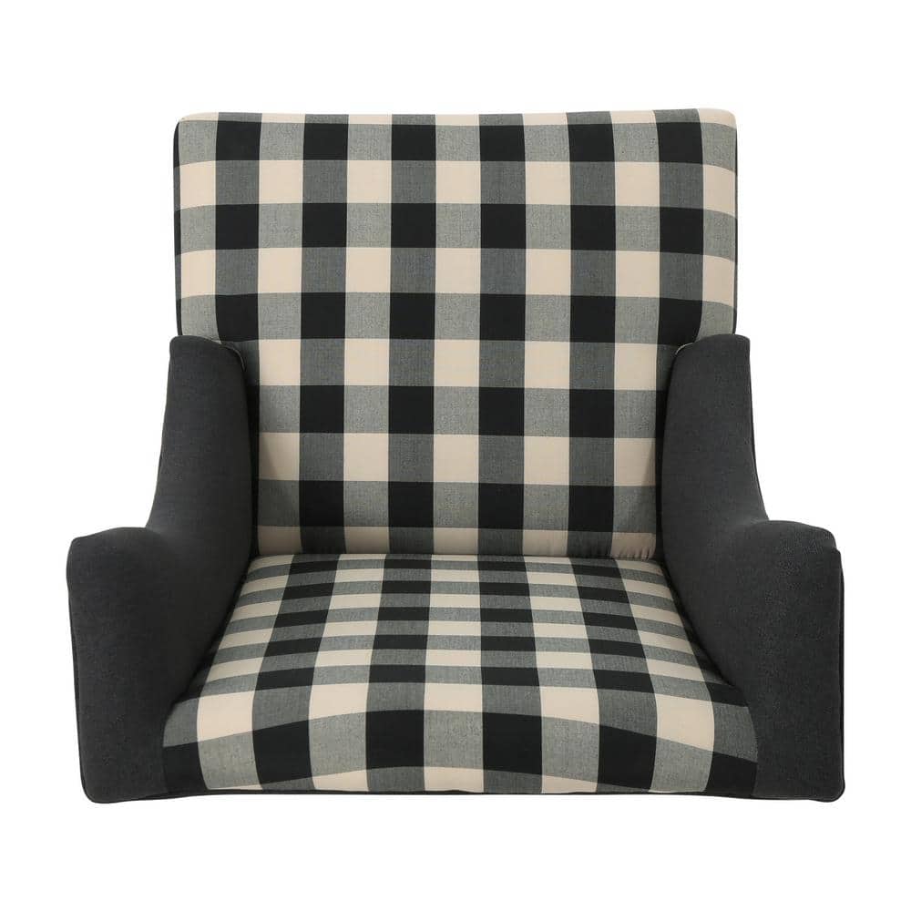 Handcrafted Black and Beige Plaid Wood Club Accent Chair