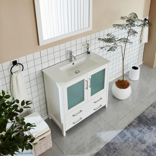 Brescia 36 in. W x 18 in. D x 36 in. H Bathroom Vanity in White with Single Basin Vanity Top in White Ceramic and Mirror