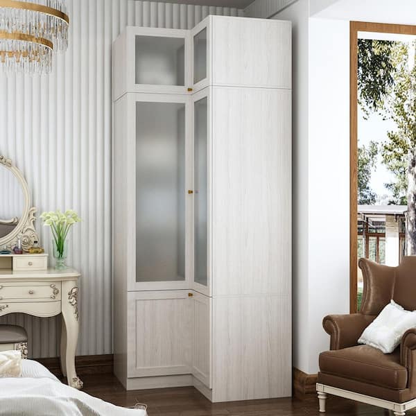 Light Oak Wood 35.4 in. Bedroom Armoire with Frosted Glass Doors, Hanging Rod and Adjustable Storage Shelves
