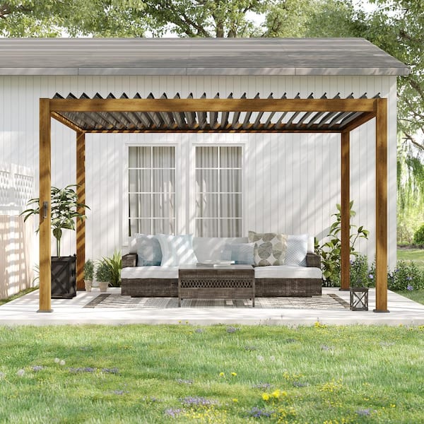 Nordica Series 10 ft. x 13 ft. Wood Grain Aluminum Louvered Pergola, Adjustable Rainproof Roof for Modern Outdoor Living