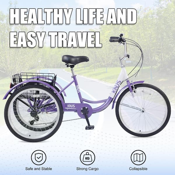 24 in Steel Adult 7 Speed Cruiser Bike in Purple with 3-Wheel and