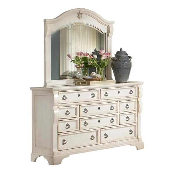 American Woodcrafters Heirloom 10-Drawer Antique White Dresser with Mirror