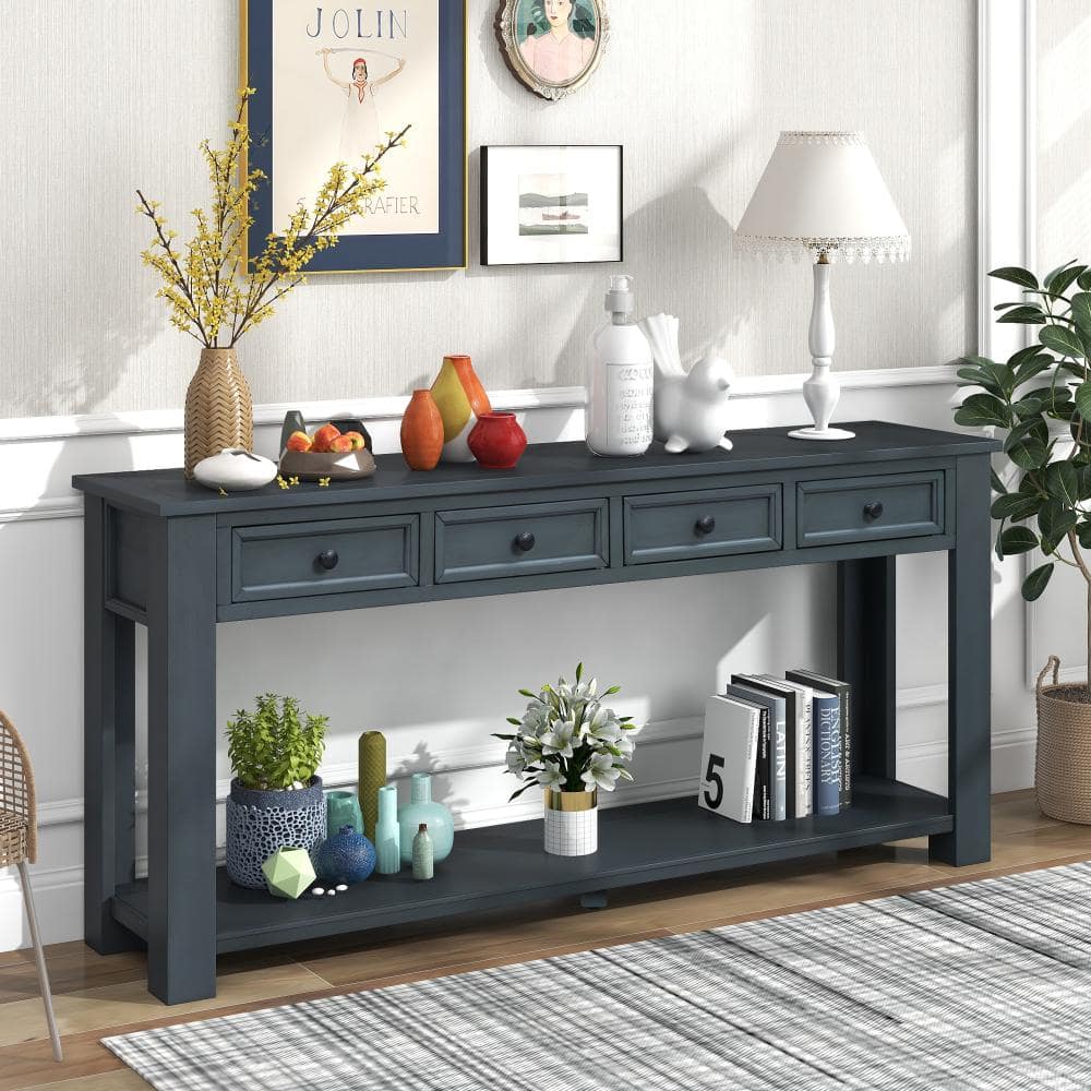 63 in. W Navy Rectangle Wood Console Table with 4 Drawers and Shelf