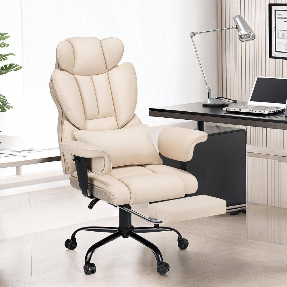 Beige Faux Leather Ergonomic Executive Chair with Adjustable Arms and Metal Base