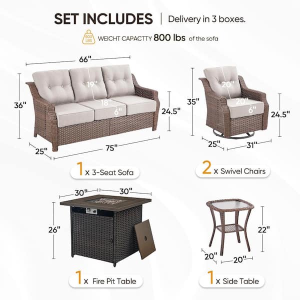Modern Farmhouse 5-Piece Brown Wicker Square Fire Pit Conversation Set with Beige Cushions and Patio Swivel Chairs