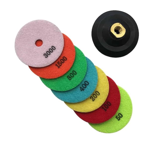 6 in. Dry Diamond Polishing Pad Set for Stone and Concrete, (#50 to #3000 Grit) with Rubber Backing Pad