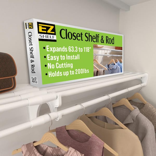 Expandable Closet Shelf & Rod 64 in. W - 118 in. W, White,Mounts to 2 Side Walls (NO End Brackets), Wire, Closet System