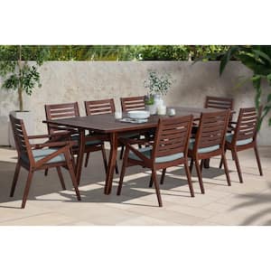 Vaughn Wood Outdoor 9-Piece Dining Set with Spa Blue Cushions