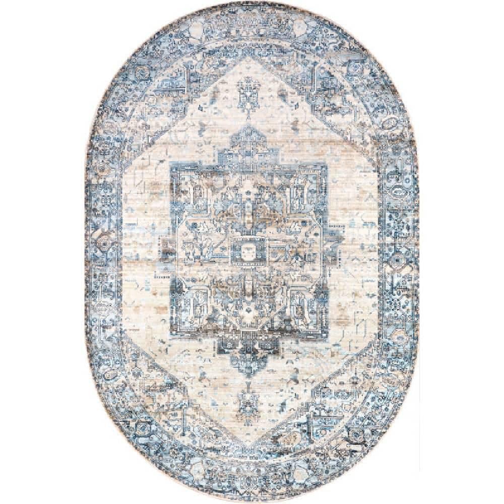 Ehtel Medallion Fringe Light Blue 5 ft. x 8 ft. Indoor Oval Area Rug price history on PriceWatchPro