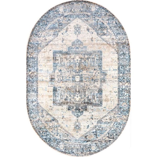 Ehtel Medallion Fringe Light Blue 5 ft. x 8 ft. Indoor Oval Area Rug