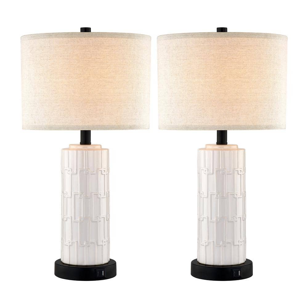 White Ceramic Table Lamp Set with USB Port and Linen Shade