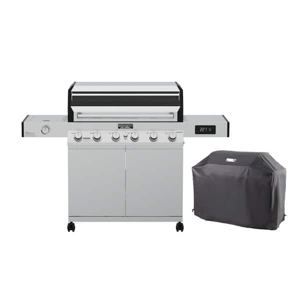 Denali 6-Burner Propane Gas Grill in Stainless with Clearview Lid, 3-Phase LED Controls, Side Burner, and Grill Cover