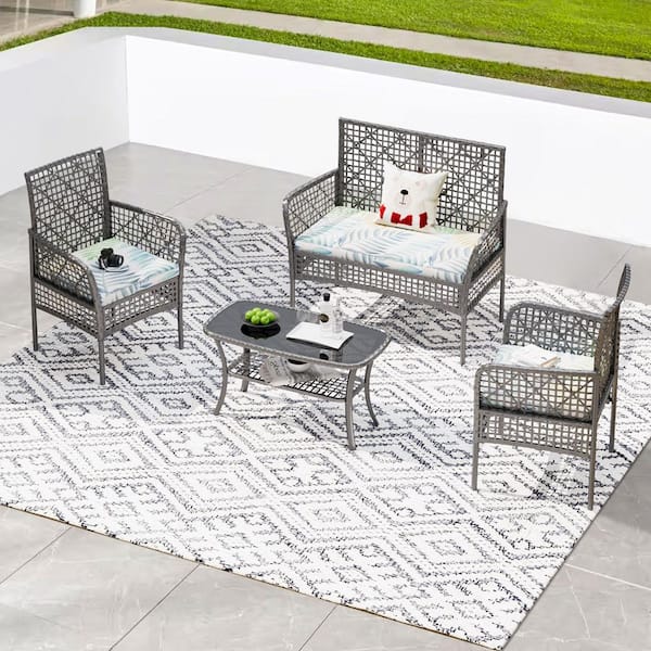 Unbranded 4-Piece Wicker Patio Conversation Set Outdoor Sectional Set Patio Seating Set with Multicolor Cushions