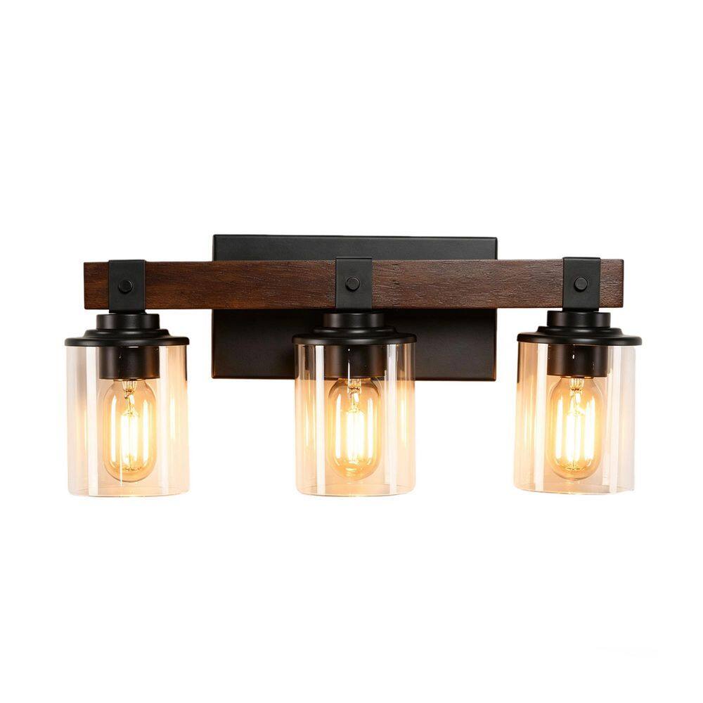 19 in. 3-Light Black Vanity Light Rustic Bathroom Wall Sconce with Glass Shades and Wood Accent for Mirror Vanity price history on PriceWatchPro